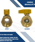 Two brass gas ball valves with yellow lever handles, front open and side closed views.