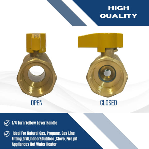 Two brass gas ball valves with yellow lever handles, front open and side closed views.
