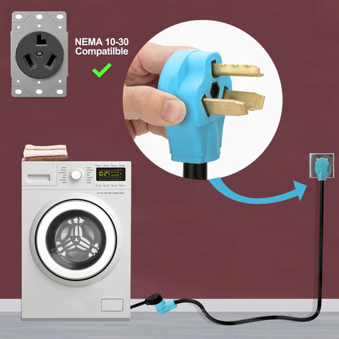Beefy Heavy Duty 50 Foot 30 Amp Dryer And EV Extension Cord NEMA 10 30P To 10 30R ETL Listed 125V 250V shown with 3 prong dryer connection
