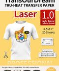 Laser Printer Heat Transfer Paper For Light Fabrics, 20 Sheets 8.5x11 packaging showcasing iron-on application on T-shirt