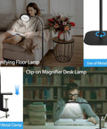 Collage of 12X Lighted Floor Magnifier With Flexible Gooseneck Clamp Stand for hands-free reading and crafting use.