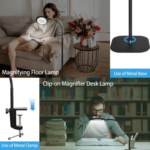 Collage of 12X Lighted Floor Magnifier With Flexible Gooseneck Clamp Stand for hands-free reading and crafting use.