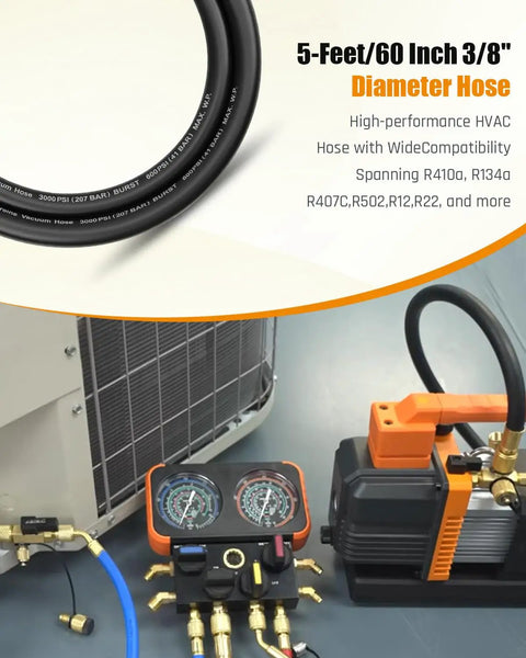 Heavy Duty Three Eighths Inch Vacuum Hose With Three Eighths Inch Fittings, Five Ft Black, Built To Handle 600 PSI Working Pressure