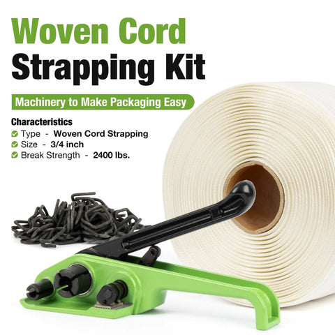 Heavy Duty Manual Banding Strapping Kit Featuring 985 Feet Of 3/4 Inch Woven Cord And 200 Phosphated Metal Buckles Smooth Edge Strap.