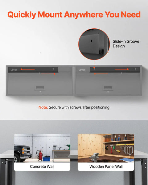 Slide-in groove design of Space Saving Metal Wall Cabinet With Up Flip Door About Thirty Inches Wide Twelve Inches Deep And Fourteen Inches High Heavy Duty Rail Mount Floating Garage Storage 120 Lb Per Shelf For Garage Basement Kitchen Or Warehouse