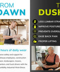 BraceAbility work back brace with removable shoulder straps, black; shown worn by two warehouse workers.