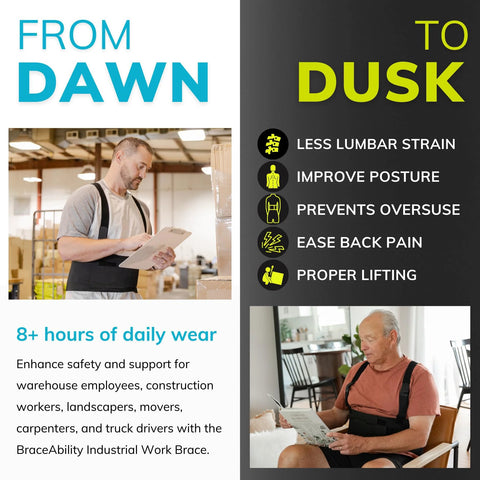 BraceAbility work back brace with removable shoulder straps, black; shown worn by two warehouse workers.