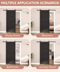 36x84 Inches Sliding Barn Door Four Panel Black With Hardware Kit Included installed in study, bedroom, bathroom, laundry room.