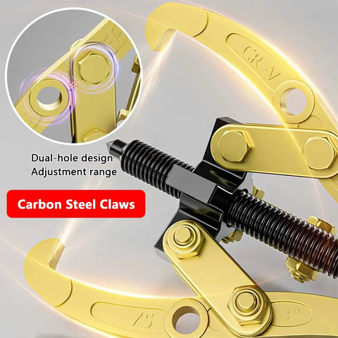 Close-up of Kickass Small Gear Puller And Bearing Extractor Tool showing carbon steel claws and dual-hole adjustment design.