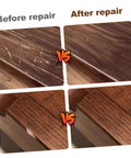 Before and after repair using 6 Piece Wood Furniture Repair Markers Set For Concealing Scratches And Worn Edges On Wood Surfaces