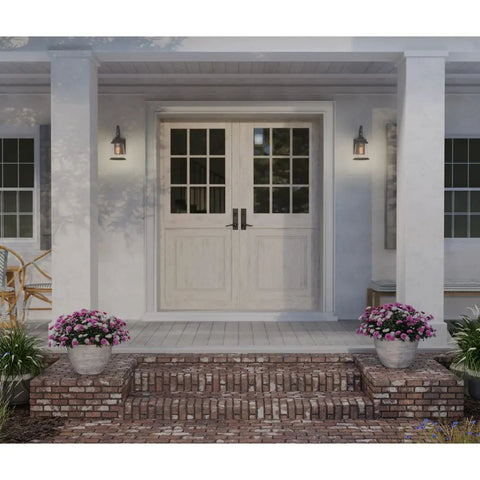 Illuminated porch with Conover Outdoor Lantern in Antique Pewter Finish, Weatherproof Exterior Porch Light for Homes, 14.25 x 7.00 x 7.00 Inches