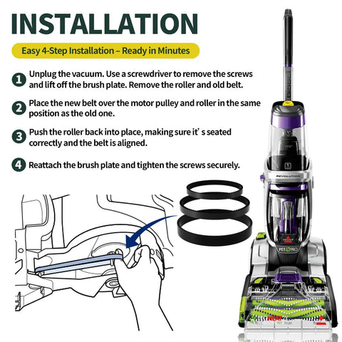 Ultimate 3In1 Belt Replacement Kit For Bissell ProHeat 2X Revolution Pet Carpet Cleaners Fits Models 1986 1548 1551 2007 And More Replaces Parts 1606428 1611129 1611130 With Flat Pump Brush Gear Belts Included installation steps and belt kit shown