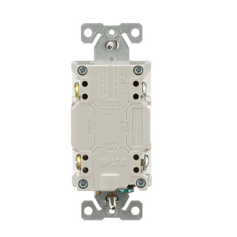 Back view of GFCI Self Test 15A 125V Tamper Resistant Duplex Receptacle With Standard Size Wallplate White showing internal wiring.