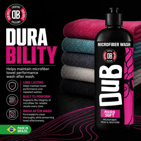 Super Soft Microfiber Detergent For Towels And Applicators 16oz Wash And Restore Formula That Removes Wax Polish And Grease Safe For Washing Machines Biodegradable Microfiber Cleaner For Rags And Pads bottle with stacked microfiber towels