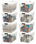 Slick 94 Quart Storage Bins With Secure Lids 8 Pack BPA Free Clear Plastic Containers stacked with clothing and toys.