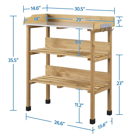 Outdoor Garden Potting Bench With Metal Top Storage Shelf And Three Hooks Durable Fir Wood Workstation dimensions view