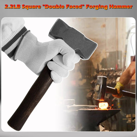 2.2Lb Double Faced Forging Square Hammer For Farrier Bladesmithing and Blacksmithing held on wooden handle, anvil work in background