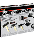 7-Piece Auto Body Repair Kit With Carbon Steel Hammer Heads And Dollies On Wood Handles, built tough packaging view