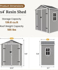Dimensions and details of Spacious 6x4 Outdoor Storage Shed With Floor For Bikes Tools And Gear, Resin Plastic Garden Shed in Gray and White