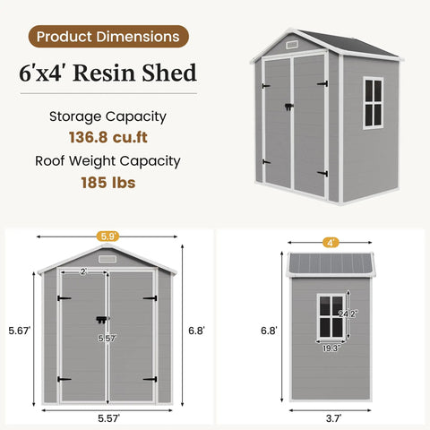 Dimensions and details of Spacious 6x4 Outdoor Storage Shed With Floor For Bikes Tools And Gear, Resin Plastic Garden Shed in Gray and White