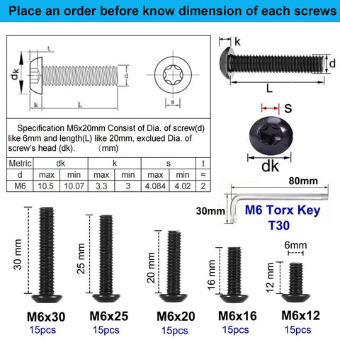Top Shelf 75 Piece M6 Button Head Torx Machine Screw Kit with dimensions for different sizes and T30 wrench for heavy duty repairs.