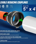 Heavy Duty Flexible Pvc Reducing Coupling With Sure Grab Stainless Steel Clamps 5 Inch To 4 Inch Black, showing pipes and coupling connection.