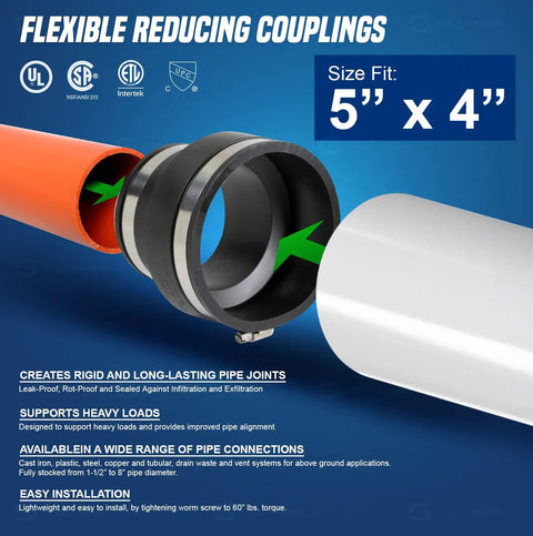 Heavy Duty Flexible Pvc Reducing Coupling With Sure Grab Stainless Steel Clamps 5 Inch To 4 Inch Black, showing pipes and coupling connection.