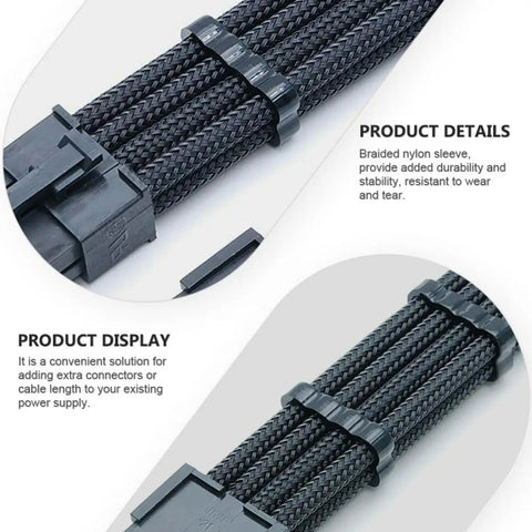 Close-up of Rock Solid Build Nylon Braided Pci Gpu Extension Cable 30Cm Black showcasing textured braided design and connectors.
