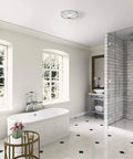 Bathroom with Decorative Chrome Bathroom Exhaust Fan With Lighting 90 CFM 2.5 Sones HVI Certified above tub and shower