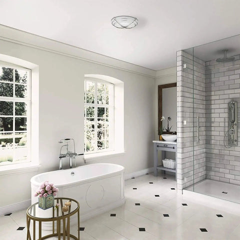 Bathroom with Decorative Chrome Bathroom Exhaust Fan With Lighting 90 CFM 2.5 Sones HVI Certified above tub and shower