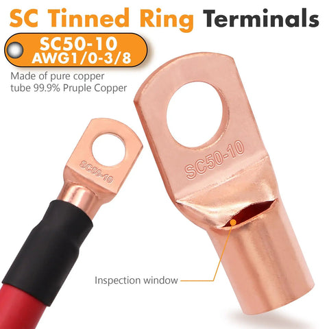 1/0 Gauge CCA Copper Clad Aluminum Power Ground Wire 20ft Red For Car Amplifiers Big 3 Upgrade Battery Cable With Lug Terminals And 3:1 Heat Shrink Tubing Durable Auto Electrical Cable with copper ring terminal and inspection window
