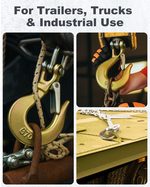 Heavy Duty One Quarter Inch Chain Hooks Set Four Clevis Slip Hooks With Safety Latch Grade 70 Forged Steel for hauling