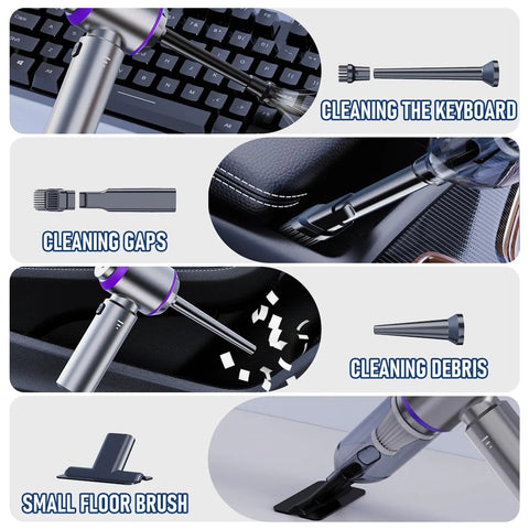 Cordless Handheld Car Vacuum With 20000Pa Max Suction cleaning keyboard, car seat gaps, debris, includes small floor brush.