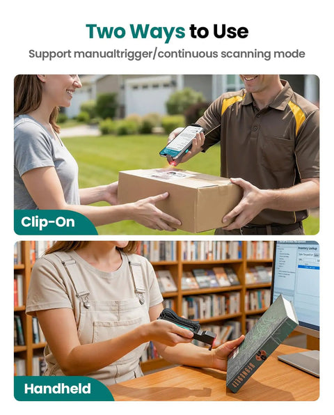 Bluetooth Barcode Scanner Wireless 2D 1D Back Clip Reader With USB C Wired And 2.4G Wireless options used for scanning packages and books