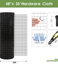 48 By 50 Foot Black Vinyl Coated Hardware Cloth And 1 Inch Welded Wire Mesh For Chicken Wire Fence And 19 Gauge Corrosion Resistant Poultry Netting, with size and grid details.