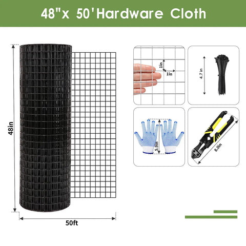 48 By 50 Foot Black Vinyl Coated Hardware Cloth And 1 Inch Welded Wire Mesh For Chicken Wire Fence And 19 Gauge Corrosion Resistant Poultry Netting, with size and grid details.