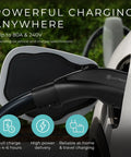 NACS To J1772 EV Charging Adapter For Tesla And All J1772 EVs, 80A 240V, UL 2252 Certified, connected to vehicle charging port.