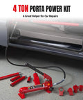 Big Red 4 Ton Porta Power Auto Body Repair Kit with hydraulic ram and extension tubes on garage floor.