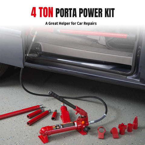 Big Red 4 Ton Porta Power Auto Body Repair Kit with hydraulic ram and extension tubes on garage floor.