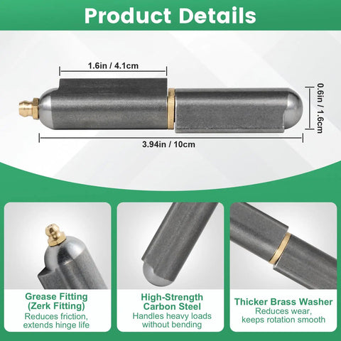 4 Pack 4 Inch Heavy Duty Carbon Steel Weld On Hinges With Grease Fitting Beefy Bullet Barrel Design detail view, showing size and components.
