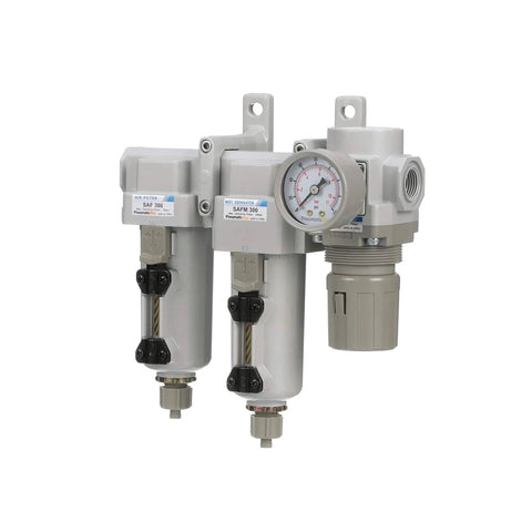 Three Stage Industrial Air Drying System With Particulate Filter, Coalescing Filter, And Regulator, Three Eighth Inch NPT, Metal Bowl With Sight Glass, Manual Drain, And Gauge For 0 To 150 PSI Operation, 17 SCFM At 90 PSI