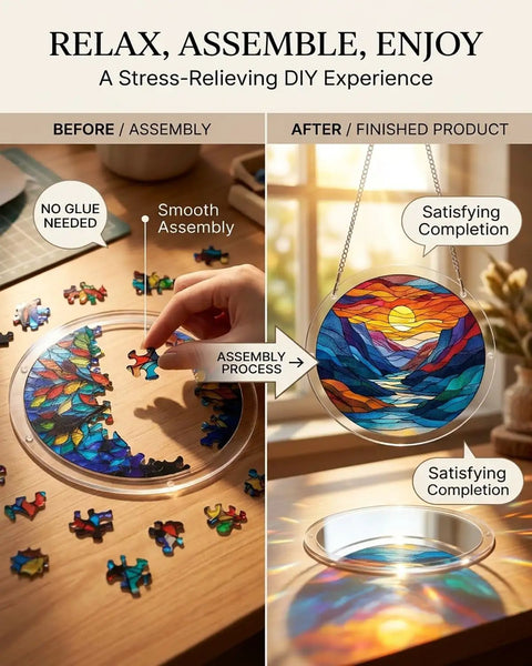 Jigsaw Puzzle Suncatcher Kit With 83 Pieces For DIY Stained Glass Window Art No Glue Needed Relaxing Hands On Craft in assembly and completed.
