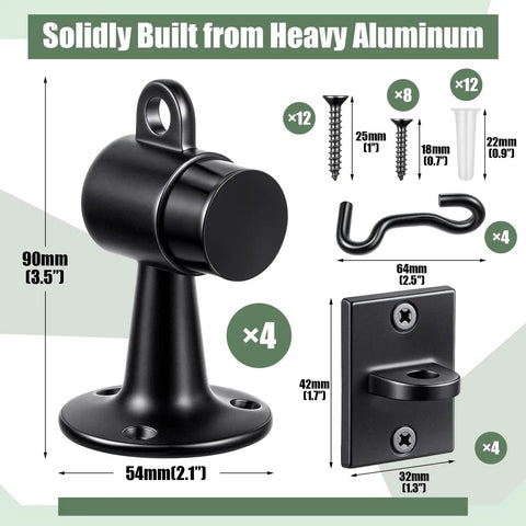 Beefy Heavy Duty Floor Mounted Door Stop 4 Pack 3.5 Inch Aluminum Commercial Grade Door Stopper with components and dimensions