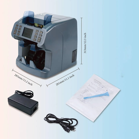Bank Grade Money Counter And Sorter With Built In Printer Two Pocket Design For Mixed Denominations next to manual and power cord