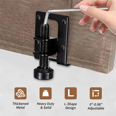 Four Pack Adjustable Furniture Levelers L Shaped 2 Point 2 Inch Heavy Duty Metal Feet For Wardrobe Cabinet And Workbench Black With Screws And Hex Wrench Included, installation example with hex wrench