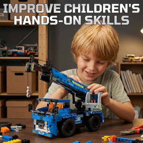 2-In-1 RC Construction Truck And Crane Set For Kids Aged 6 To 14, 401-Piece Build Kit With Easy Remote Control, Convert Between Crane And Truck, Durable STEM Toy For Boys And Girls, boy assembling crane