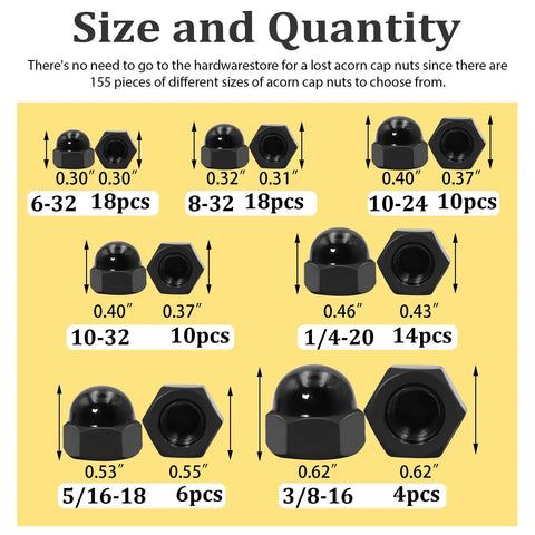 Black Stainless Steel Acorn Nut Set Kit, 80 Piece Assortment sizes 6#32 to 3/8-16 UNC Dome Head Nut Caps with quantity