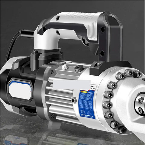 AoXhugB Electric Rebar Bender with Brushless Hydraulic Motor showcases a close-up of the powerful bending mechanism for steel bars 4 to 16 mm.