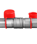 3/4 in SAE skid-steer hydraulic quick-connect coupler with red dust caps on ends; silver metal body