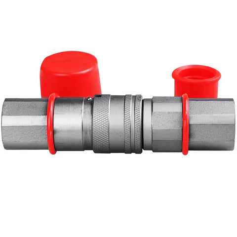 3/4 in SAE skid-steer hydraulic quick-connect coupler with red dust caps on ends; silver metal body